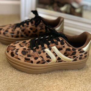 Leopard Print Platform Sneakers with Gold Accents